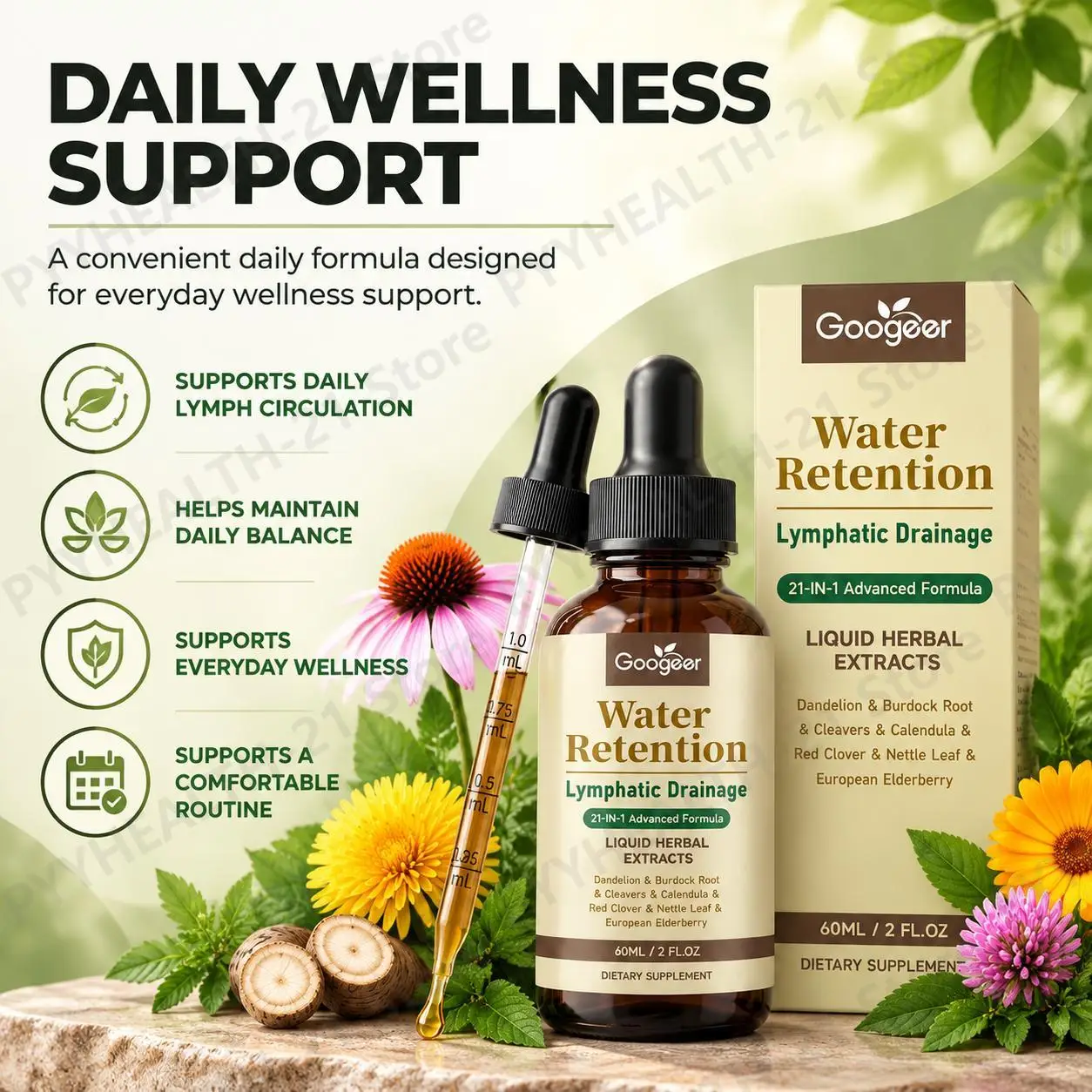 Water Retention Lymphatic Drainage Liquid Promotes Lymphatic Flow & Reduces Puffiness & Eases Swelling Dandelion 60ml Herbal