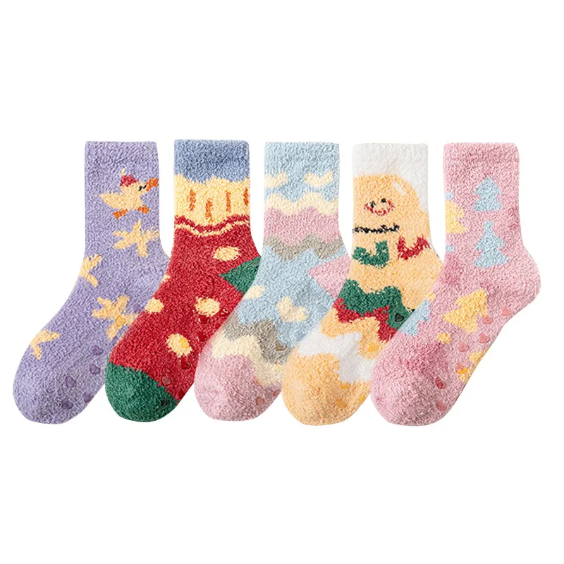 1/3 Pairs Women Christmas Fuzzy Socks Thick Coral Fleece Thermal Crew Socks Non Slip Warm Floor Sleeping Socks Winter Home