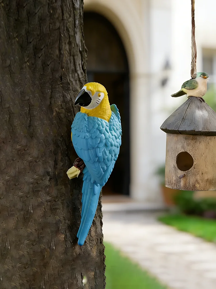 Simulierte blaue Papageien-Baumhängestatue, kreative Vogelskulptur, Outdoor-Garten- und Hofdekoration, tropische Vogel-Geschenkfigur – Detail 2