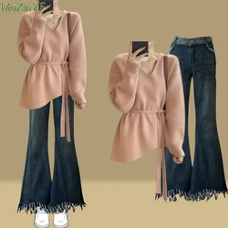 2024 primavera autunno New Knit top pantaloni 1 o due pezzi Set coreano Lady grazioso maglione rosa Jeans abiti maglieria di base femminile