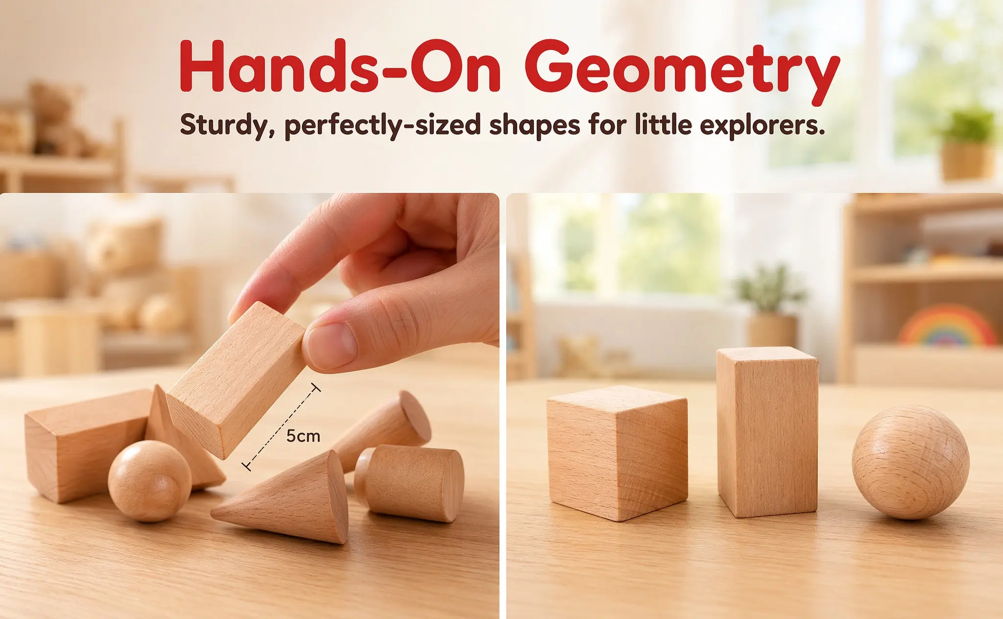 1Pack Geometric Solids Wooden 3D Shapes Set Includes Cube Prism Cylinder Pyramid Sphere Manipulatives for Classroom Learning