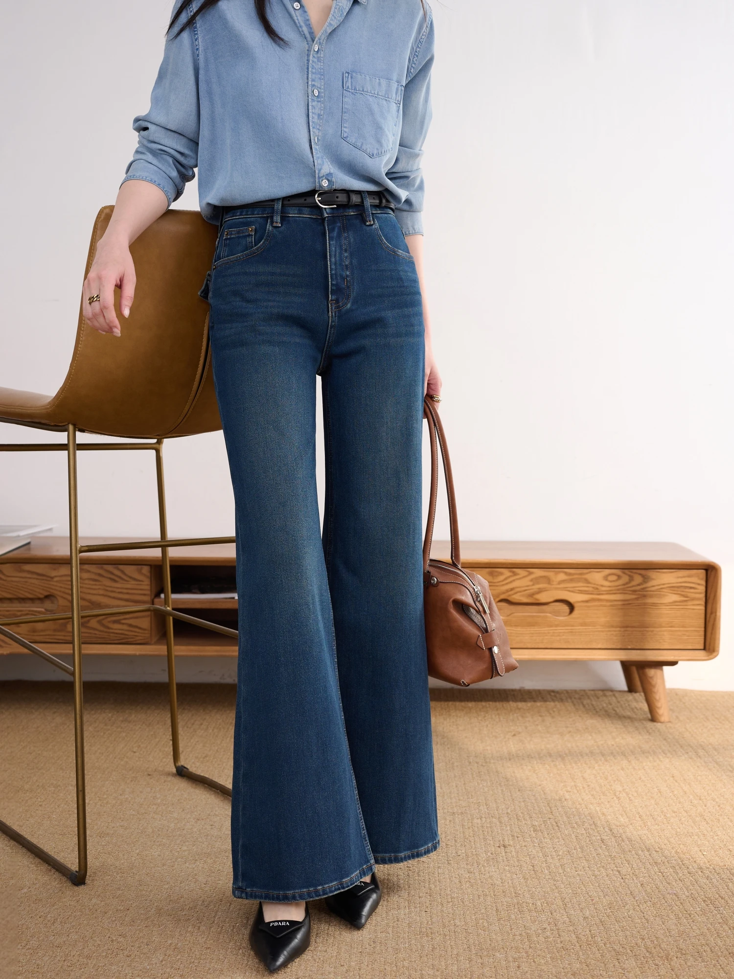 

Джинсы JPOO с высокой талией, расклешенные, тонкие, эластичные, женские, прямого кроя, для повседневной носки, однотонные, зимний сезон