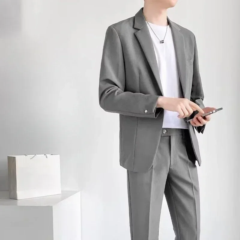 2 Piece Outfit Set Man Grey Blazer Casual Full Suit for Men Korean Spring Autumn Clothing Trends Costumes Luxury Pants Ceremony