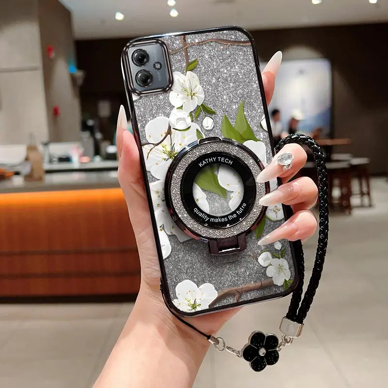 G 54 fiori bianchi placcatura braccialetto supporto cassa del telefono per Motorola G54 G85 G84 G72 G40F G71S G62 G73 G60S G64 G60 G53 G50 copertura