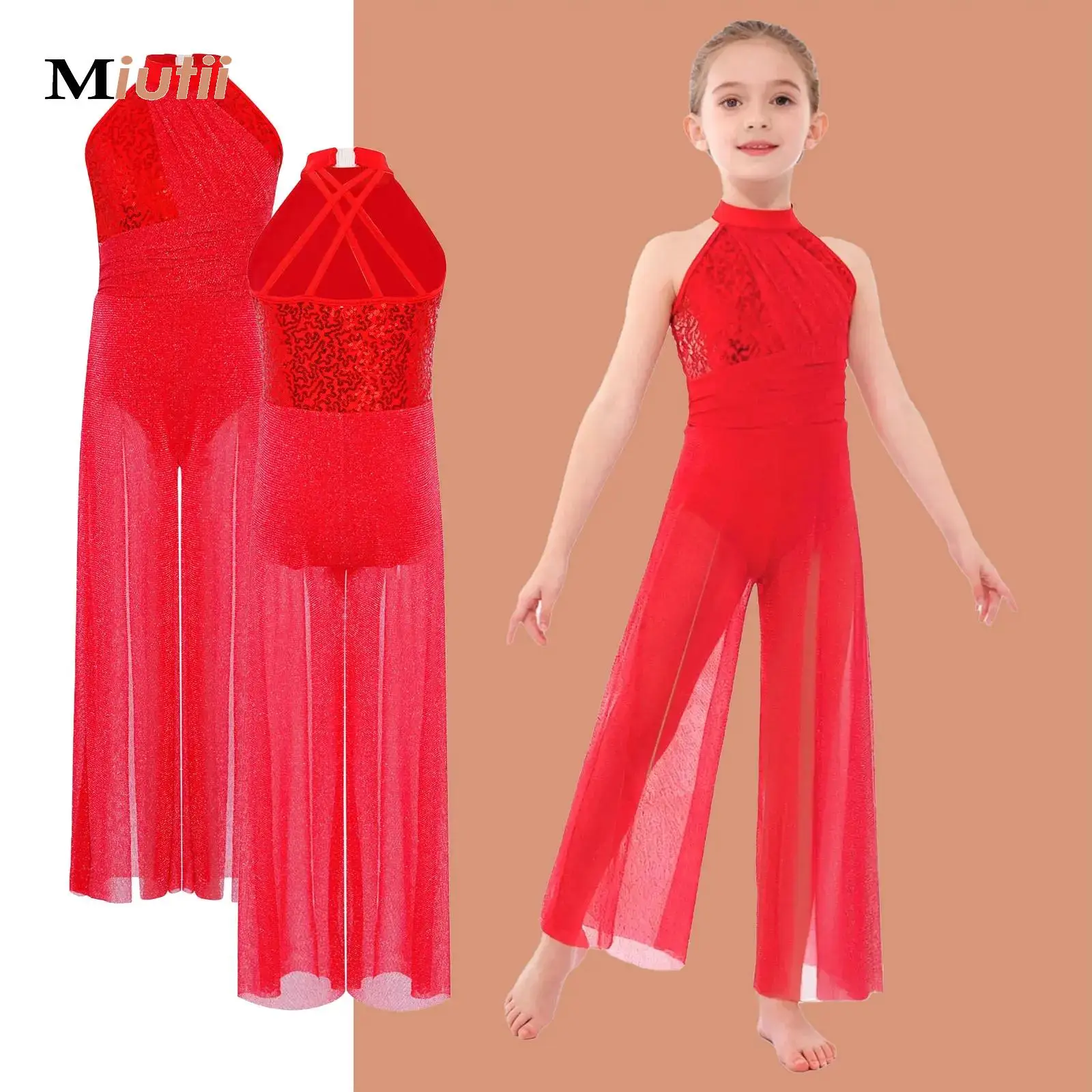 

Kids Girls Shimmery Gymnastic Jersey Ballet Jumpsuit Dresses Sleeveless Wide-Leg One-piece Dance Modern Contemporary Costume