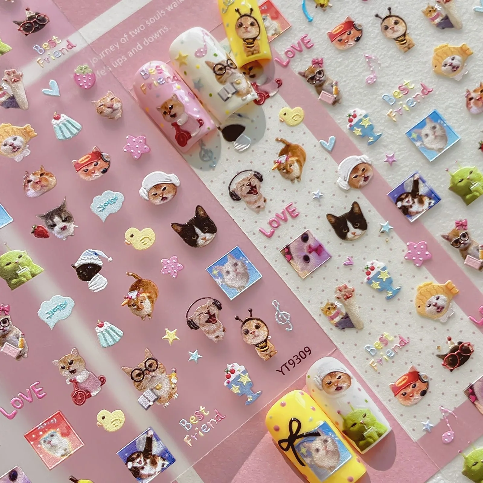 New Arrival Funny Cute Pet Cat Nail Stickers, 3D Embossed Kitten Decals DIY Nail Art Decorations