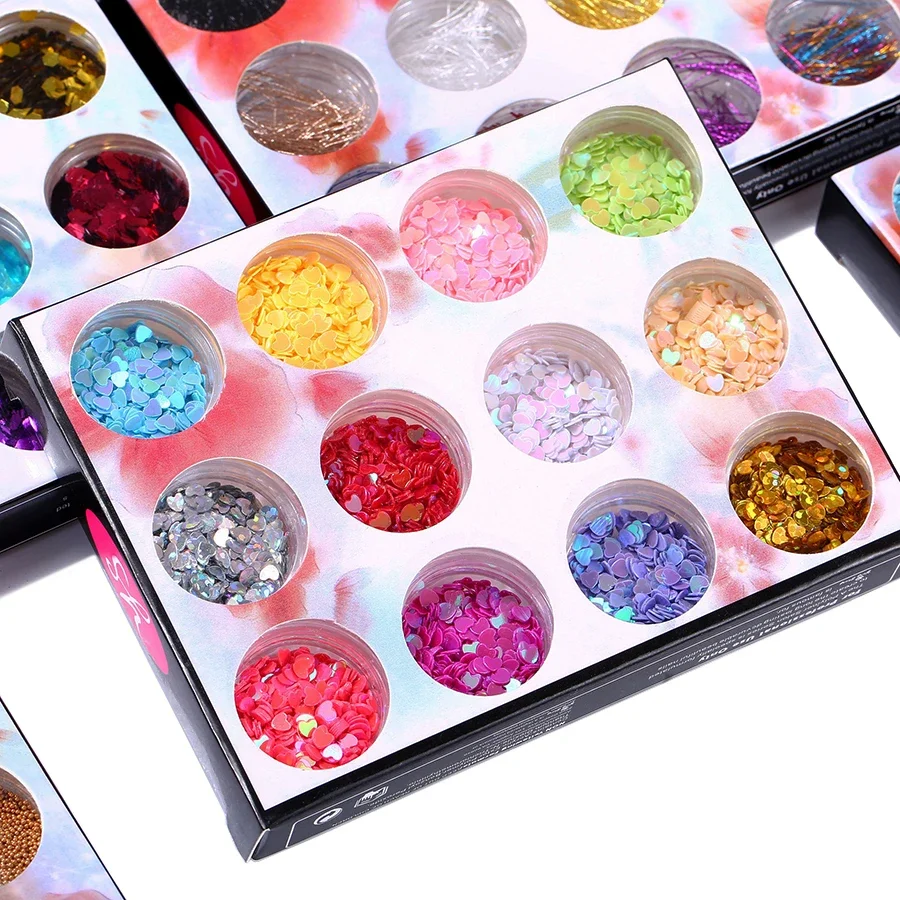 Nail Art iriserende pailletten set, kleurrijke harten esdoornbladvormen voor doe-het-zelf nagelontwerp manicure decoraties