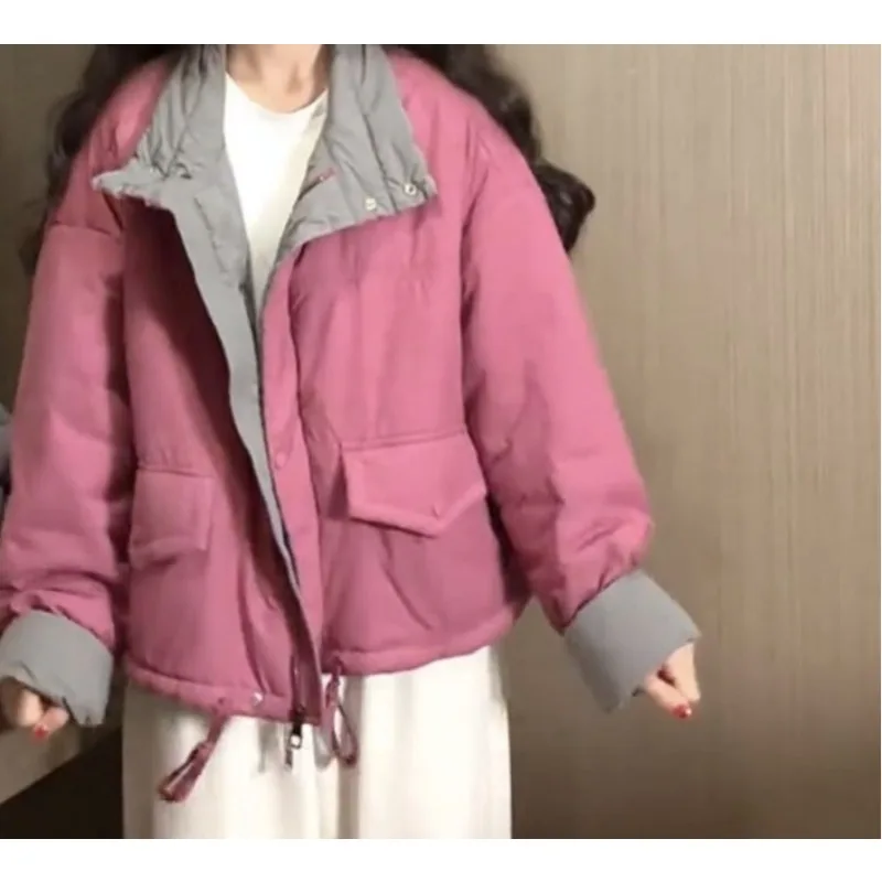 Stand-up Collar Contrasting Color Padded Jacket for Women 2026 Winter Korean Loose Casual Warm Small Cotton-padded Coat