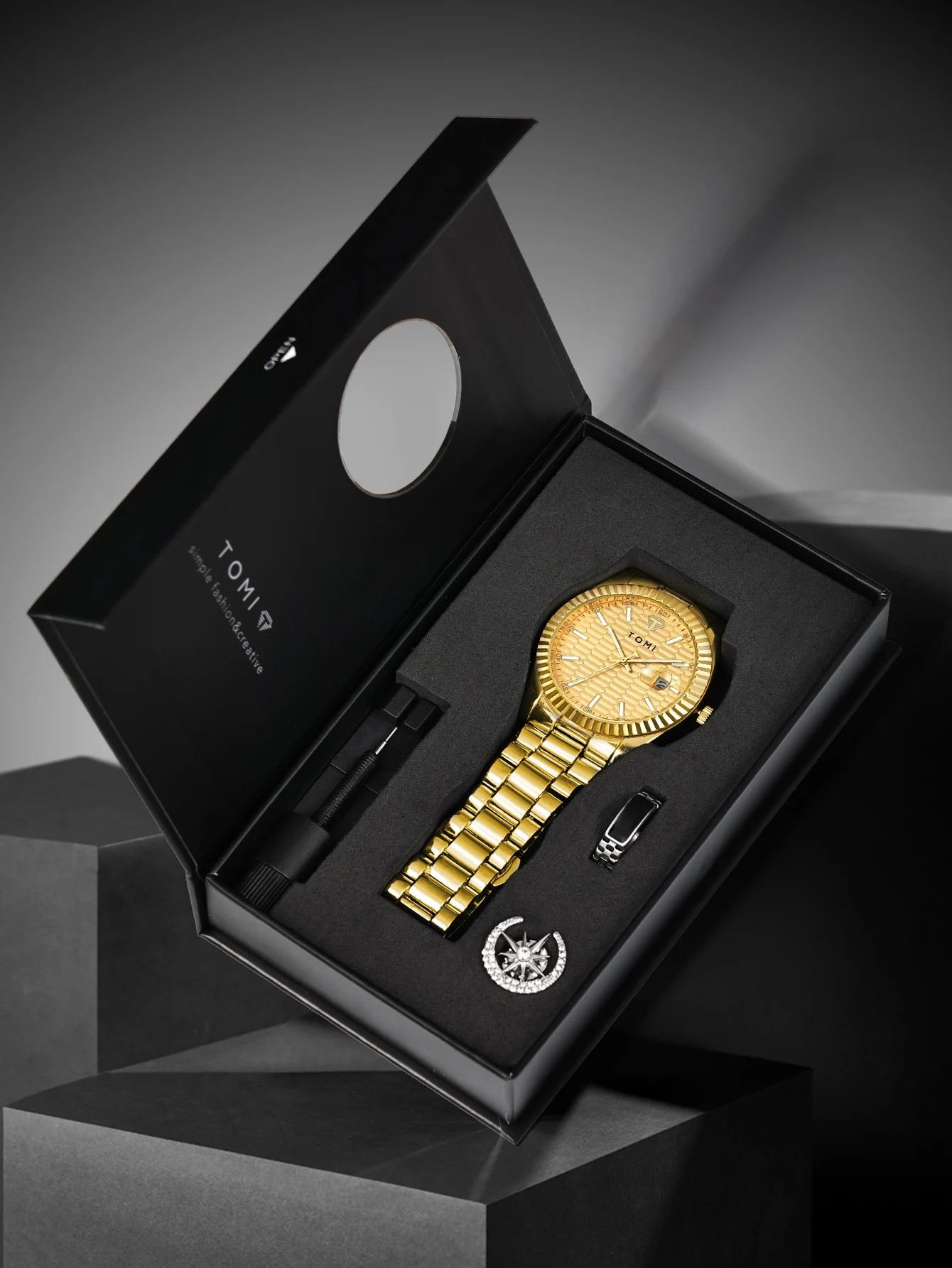 TOMI Neue Herrenuhr Brosche Ring Geschenkbox Set Luxus Business Edelstahlarmband Herren Kalender Casual Quarzuhr Reloj – Detail 18