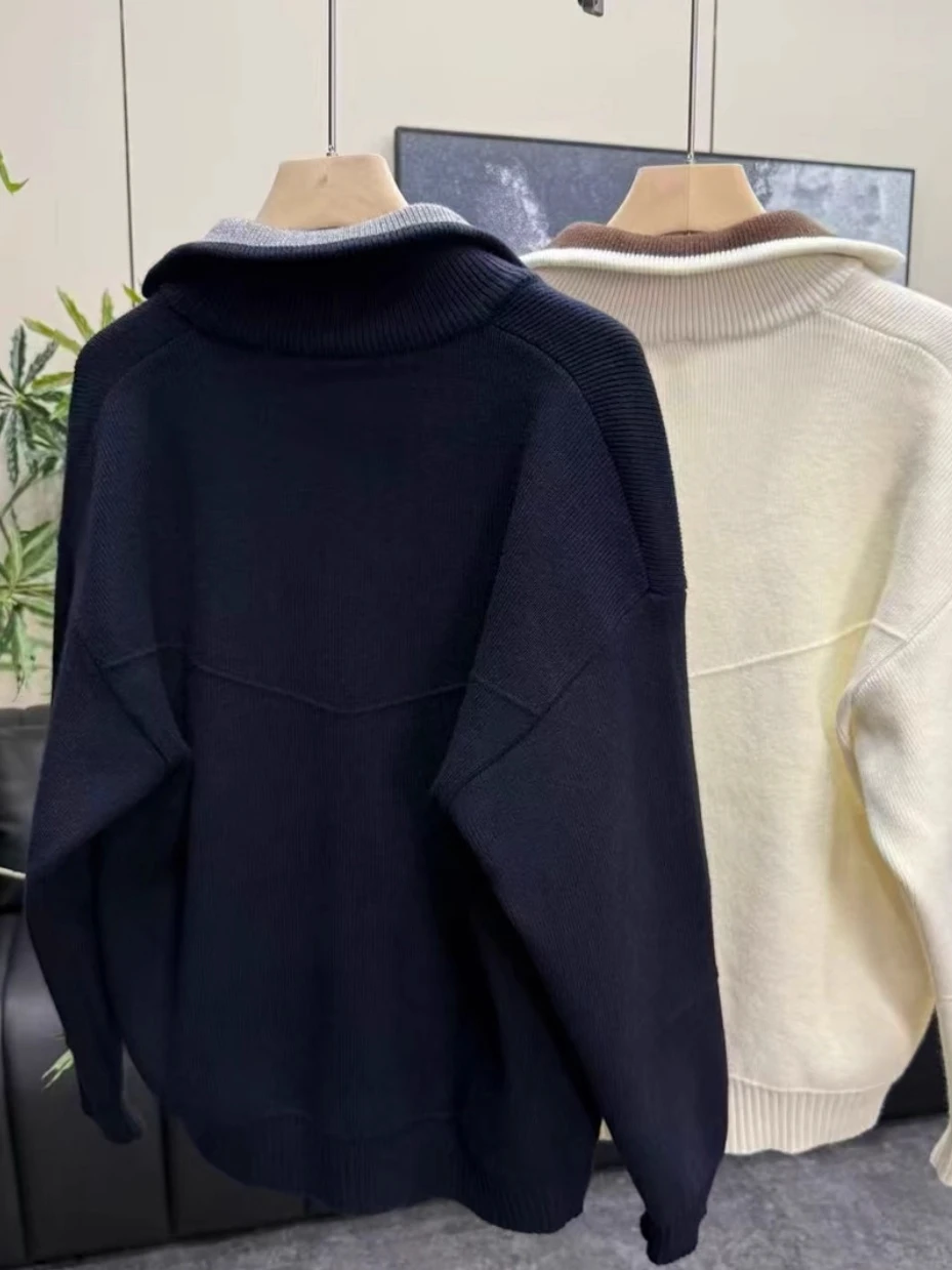 

2025 Spring Autumn Oversize Knitted Cardigan Men's Casual Sweater Contrast Color Collar Couple's Wear Comfortable Polyester
