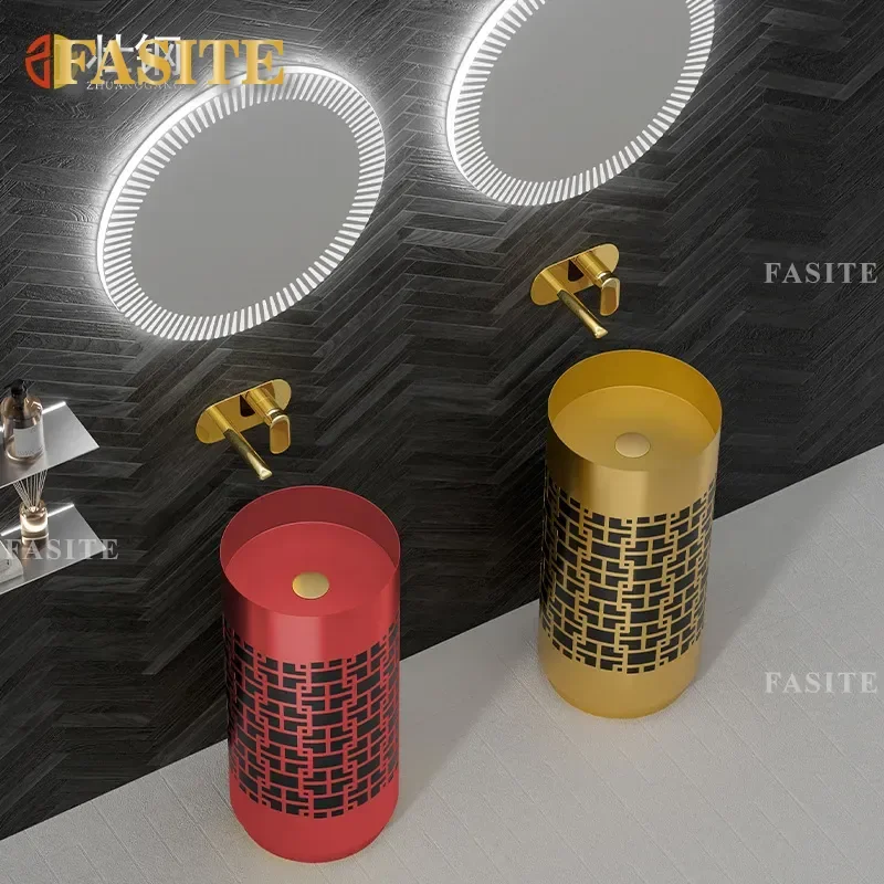 New Chinese Style Stainless Steel Column Basin Hotel Bathroom Bar Floor to Ceiling Round Creative Integrated Wash Basin