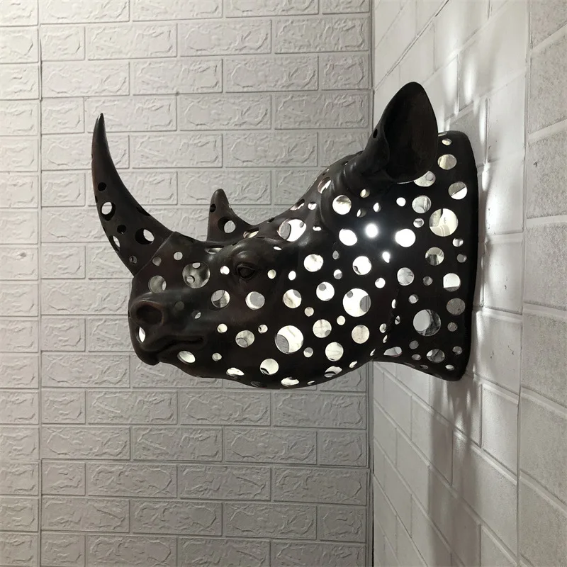 Large Resin Wall Decor European Home Bar Club Courtyard Animal Ornaments Wall Hanging Lighting Exquisite Hollow Rhino Crafts