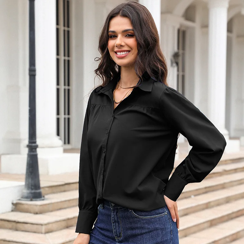 Damska koszula zapinana na guziki, bluzka z bufiastymi rękawami, jednolity kolor, luźny krój, jesienna bluzka do noszenia na co dzień i do pracy.