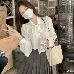 Bow Women Shirt Korean Long Sleeve Top Female Autumn Elegant Solid Fashion Woman Blouse 2024 Ruffles Turn Down Collar Clothes