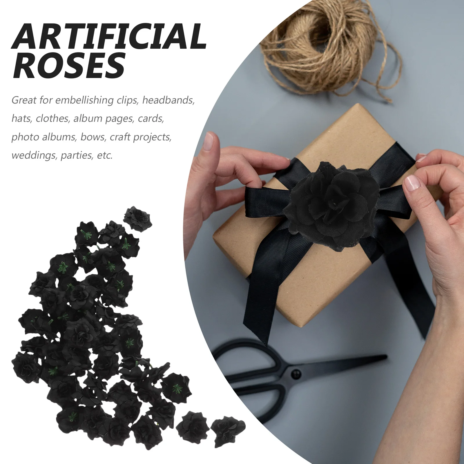 

50pcs Silk Flowers Artificial Black 4.5X3Cm Silk Rose Flower Wedding Party Decorative For Hats Albums Craft Embellishment