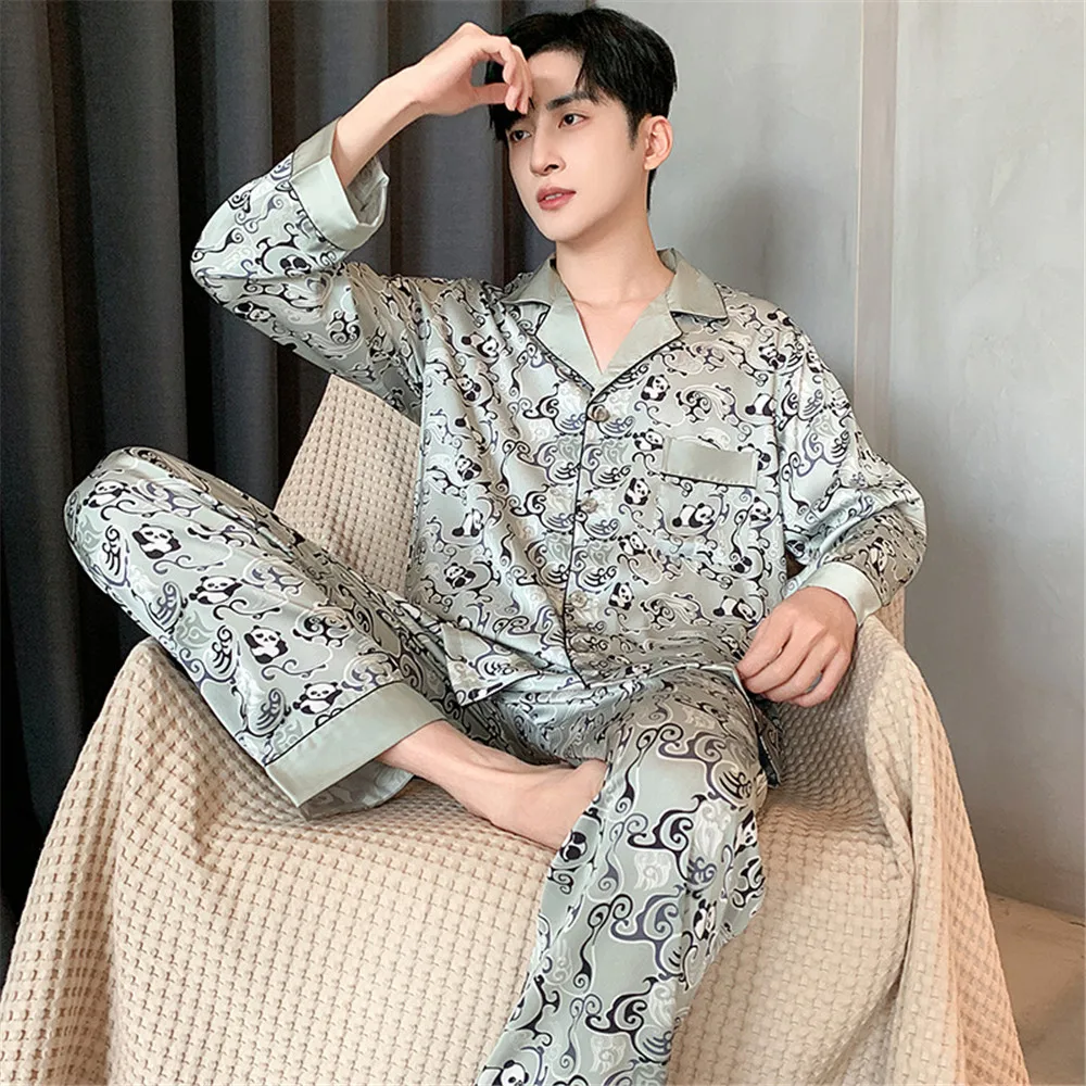 

Мужские шелковые пижамные комплекты с принтом панды, рубашка с длинными рукавами, брюки, мужская одежда для сна с принтом, домашняя мужская мягкая уютная пижама для сна