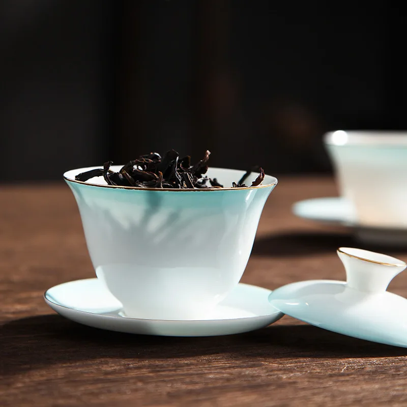 Hover Egg-Shell Porcelain Chaozhou Bone China Tureen White High-Grade Gaiwan Household with Lid Brewing Bowl