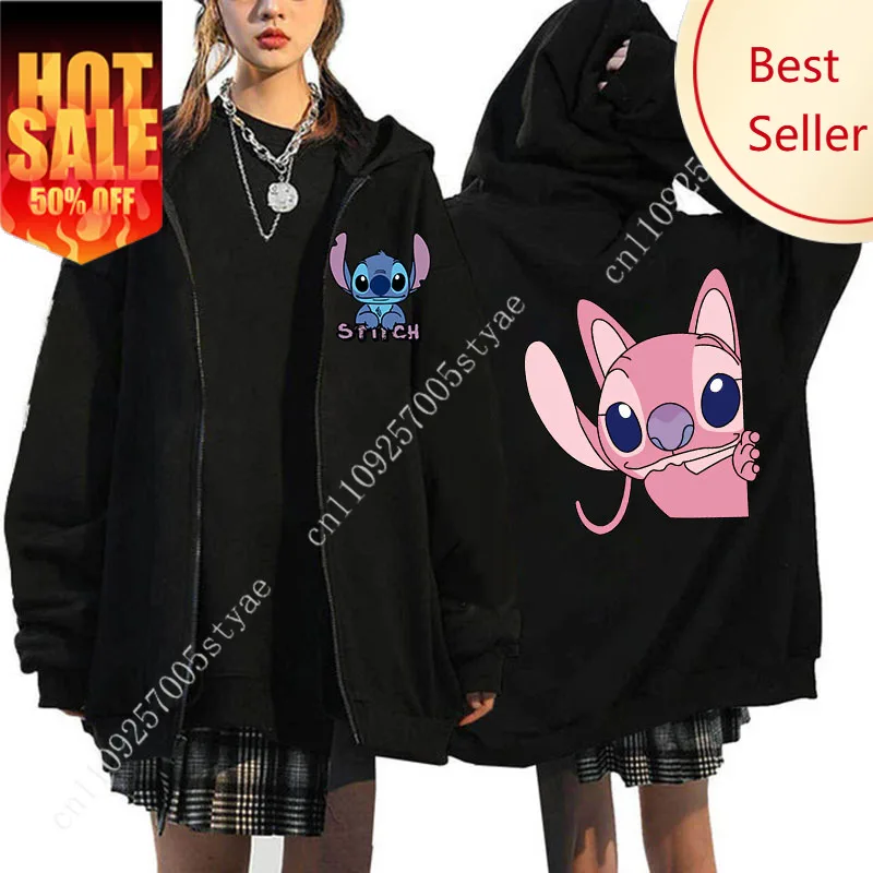 

Women's Oversized Zipper Hoodie MINISO Luxury Brand Disney Lilo and Stitch Couple Hooded Sweatshirt Autumn and Winter Warm Jacke