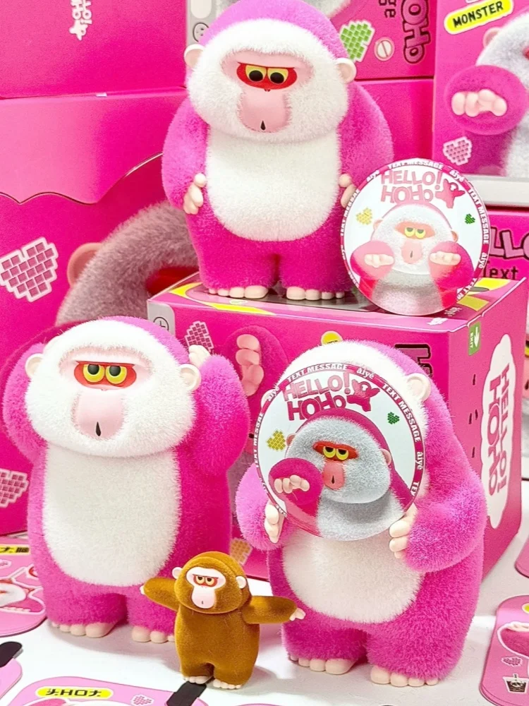 Caja ciega flocada Hoho Original, mono rosa Kawaii feo, muñeca bonita y exquisita, regalos de cumpleaños Kawaii encantadores hechos exquisitamente