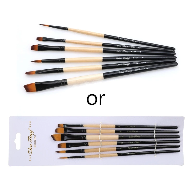 6 Pcs/Set Flat Nylon Hair Paint Brush Gouache Acrylic Oil Painting Art Craft Dropship