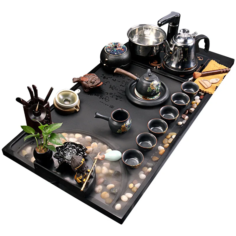 Wushi tea tray, complete set of kung fu tea set, household atomized water viewing stone tea table, simple automatic furnace