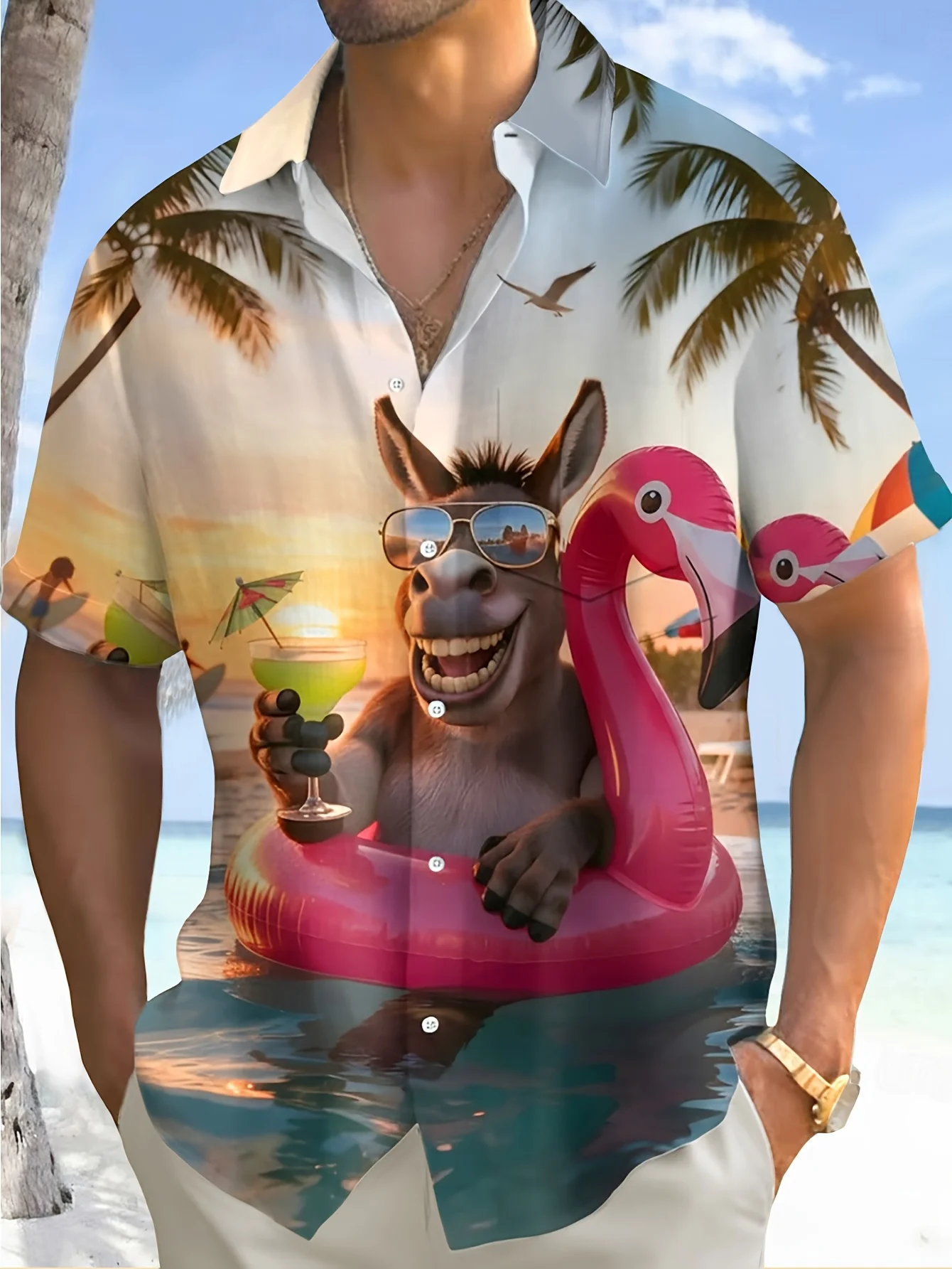 Cool Cartoon Donkey With Sunglasses Flamingo Float Print Men Short Sleeve Hawaiian Shirt Mens Casual Wear