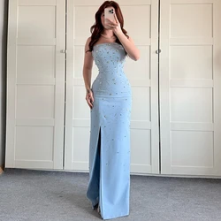 Sexy Blue Jersey Crystal Evening Dress Delicate Sequined Sleeveless Customized Celebrity Gowns Classic Strapless Party Dresses