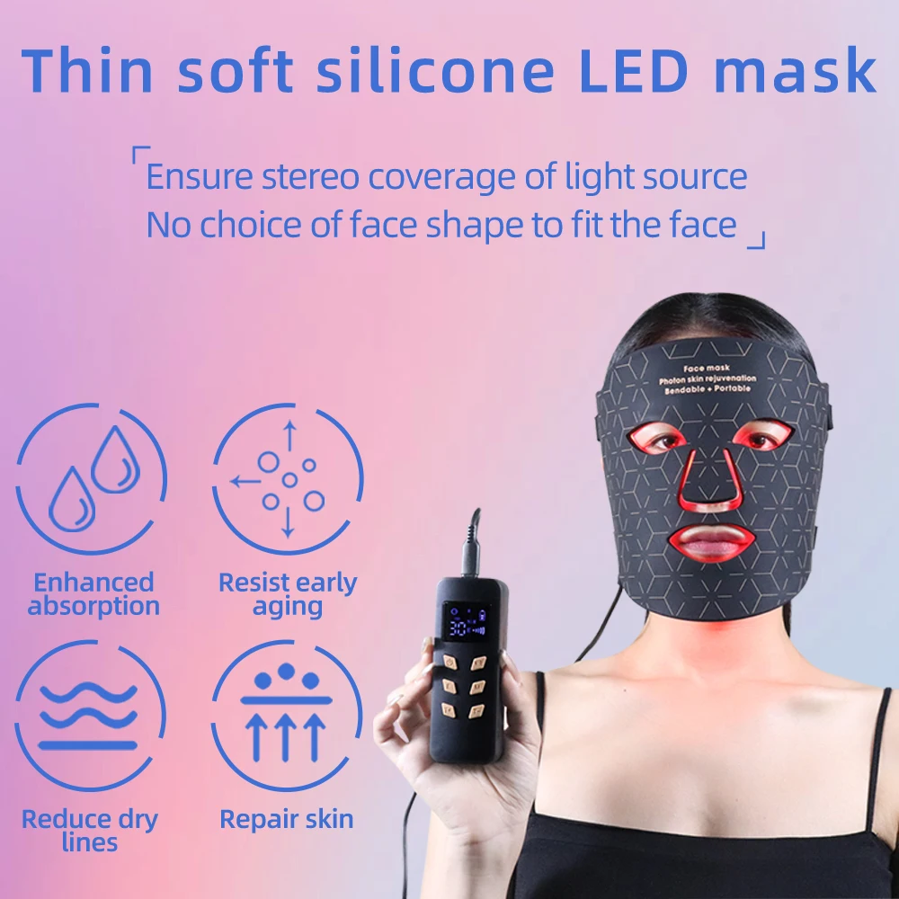 Professional 660 850nm Led Light Therapy Facial Mask Black Led Light Therapy 4 Colors Silicon Mask