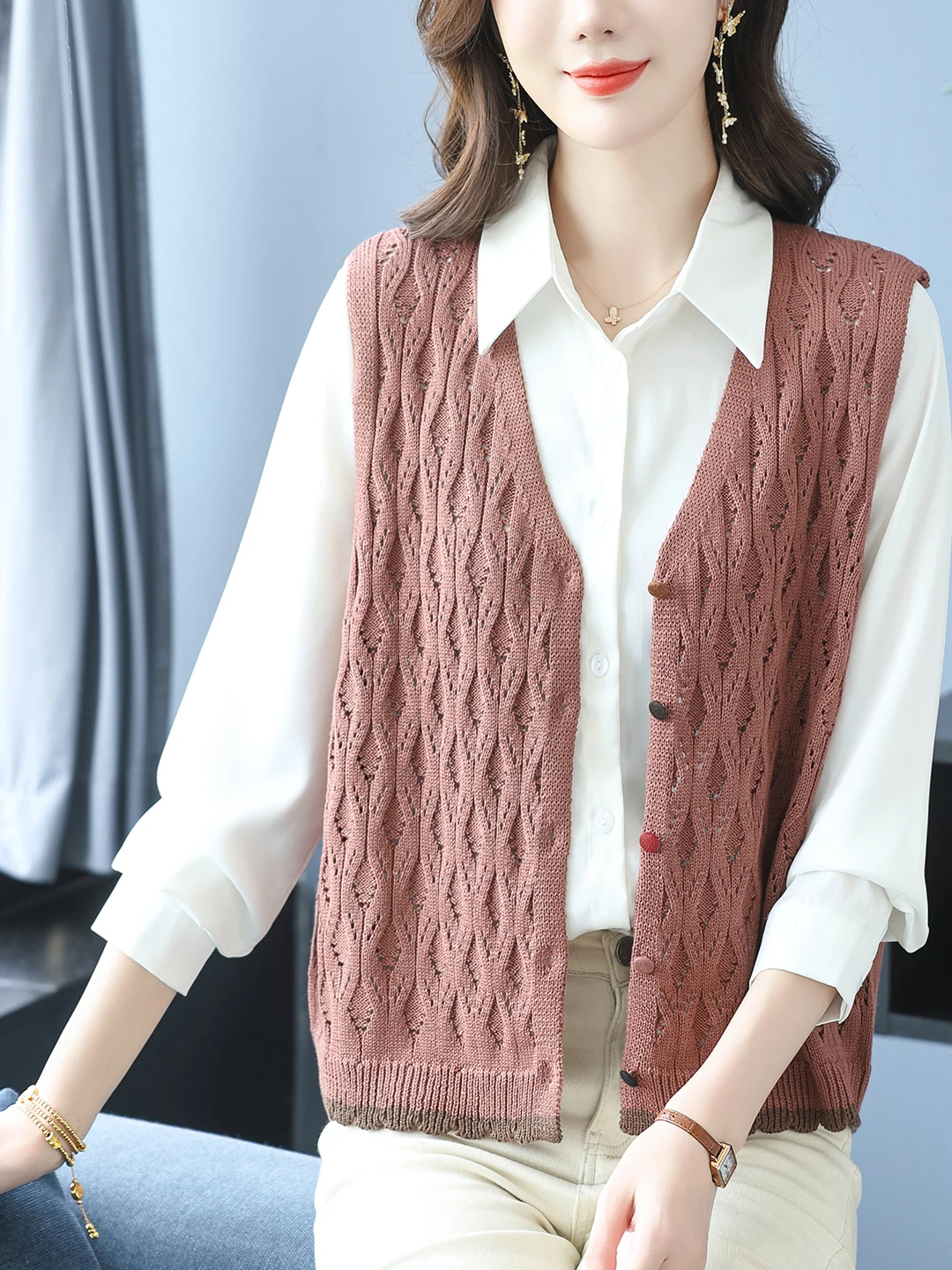 V-Ne Knitted Open Cardigan Top Women's Autumn Winter Loose Wool Vest Outerwear oulder Pad Vest Commute Sle ort Length