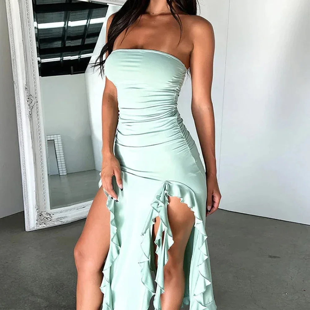 デイリードレス女性服真新しいエレガントなフリルセクシーなストラップレスビーチホリデードレス女性のためのビーチビーチパーティー