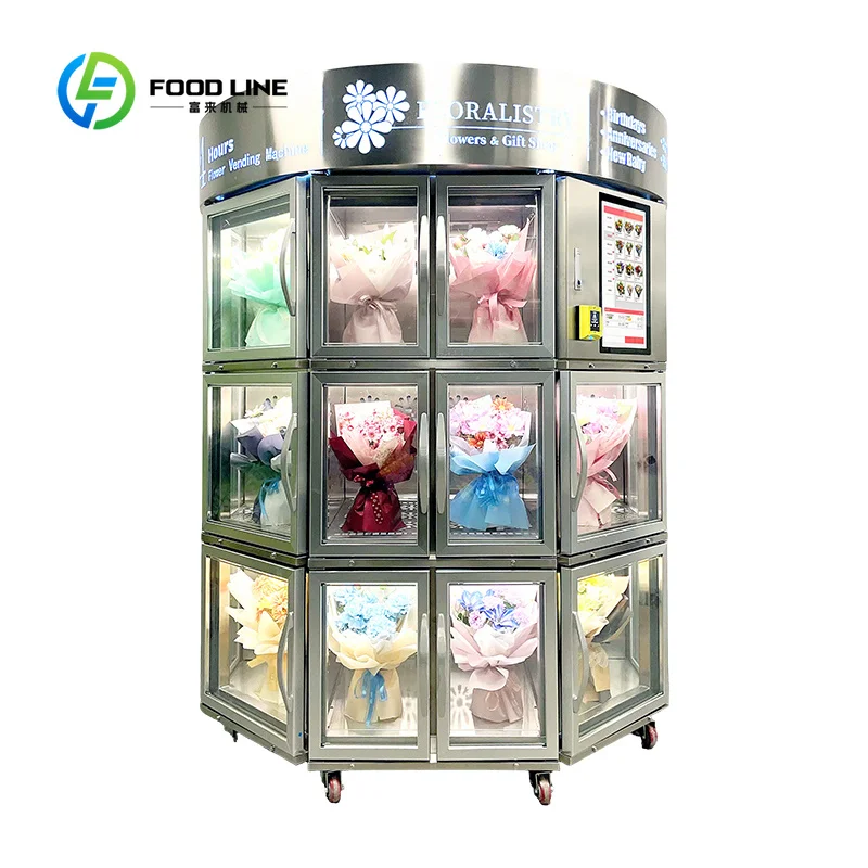 Customized modern‑look floral dispensing kiosk fresh‑bouquet cabinet adjustable appearance for shopping‑centre retail venue