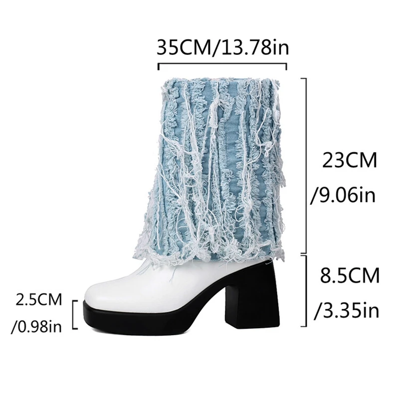 SIMLOVEYO 2024 Design  Tassels Boots 8.5cm Block Heels 2.5cm High Platform Round Toe Midcalf Bota Big Size 41 42 43