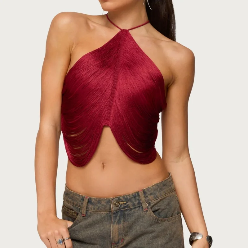Women's Fringe Trim Halter Top Sexy Tie Back Asymmetrical Hem Sleeveless Tassel Cropped Party Tank Tops
