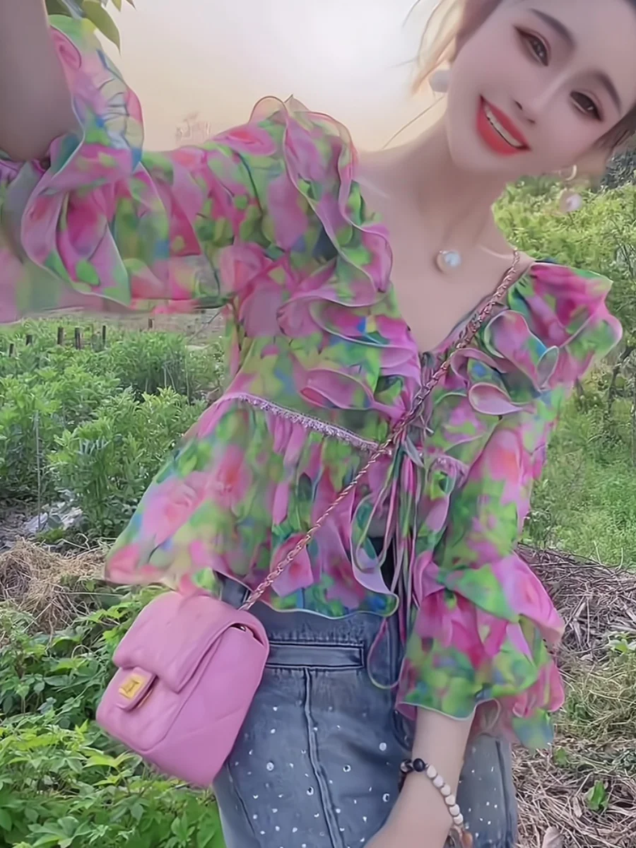 

Spring Summer 2025 New Women's Floral irt Ele Beautiful Faionable Top Korean Sle Long Sve Commute Wind Blouse