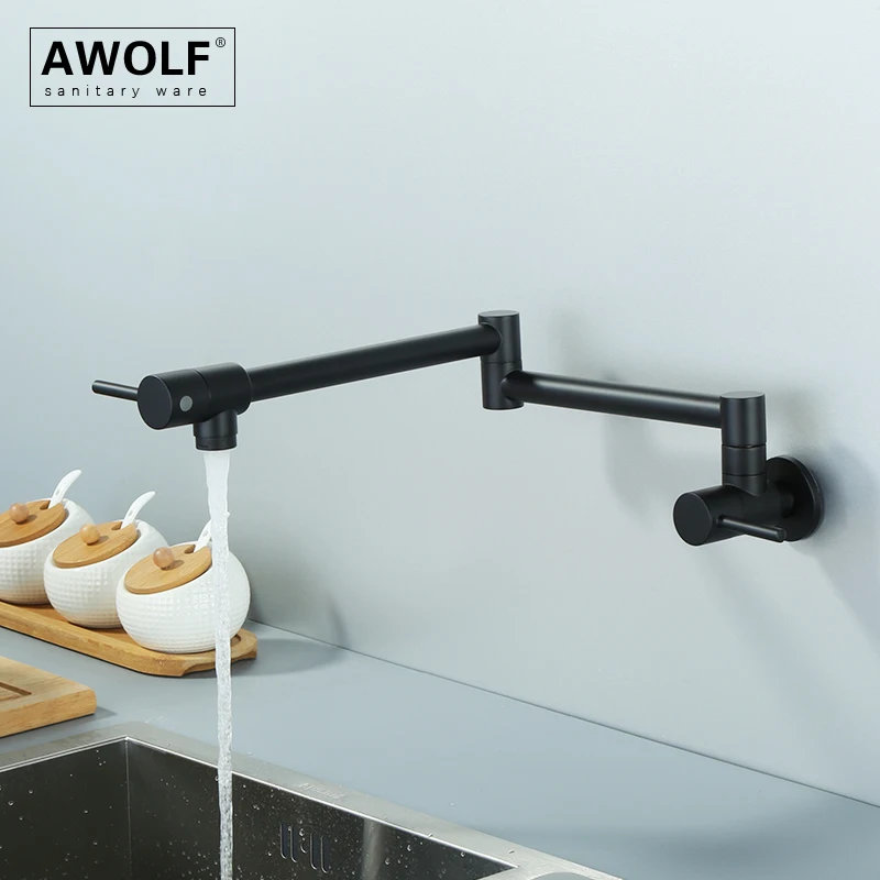 Awolf Matt Black Pot Filler Kitchen Faucet Wall Mounted Folding Faucet Tap 360 Degree Rotation Solid Brass Sink Water Tap FW008