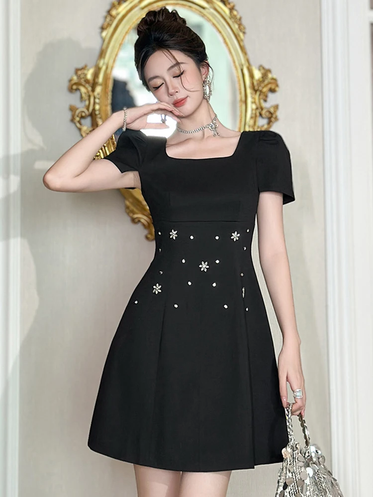 여성 블랙 스퀘어 넥 슬림 A라인 미니 숏 드레스 여름 라인스톤 스파클 파티 프롬 데이트 정장 캐주얼 드레스