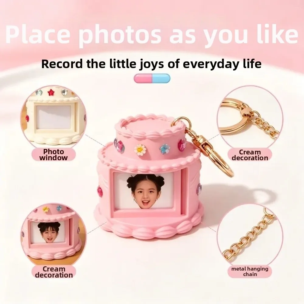 Picture Holder Mini Photo Frame Keychain Portable Cute Gem Cake Pendant Novelty 3D Printed Picture Frame Keyring Photo Props