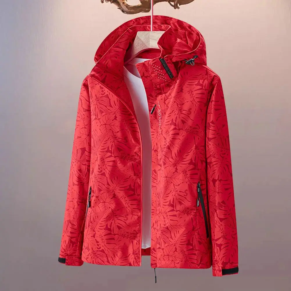 Outdoor Women Coat Leaf Print Waterproof Windbreaker Jacket with Hood Zipper Pockets for Women Breathable Outdoor Coat for Fall