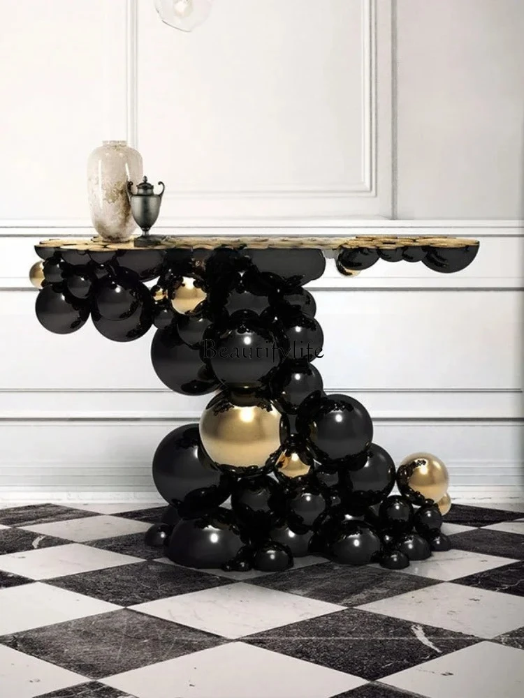 Metal Console Light Luxury Design Art Side View Corridor against the Wall a Long Narrow Table