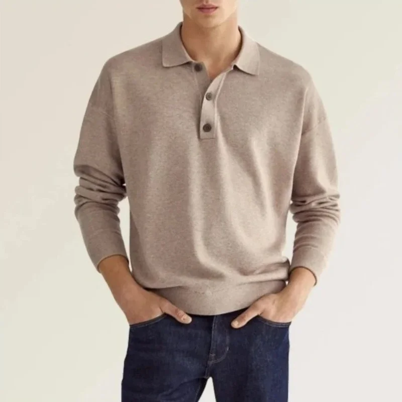 Mens Solid Color Long Sleeve Knit Polo Shirt Lapel Collar Button Casual Top