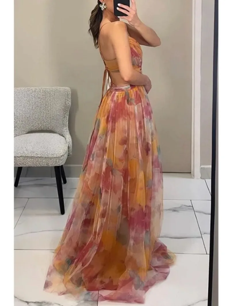 Sexy Hollow Out Party Dress, Women Summer Loungewear Fashion Printing Maxi Dress, Sleeveless Lace-Up Ladies Dress Vestido T64F