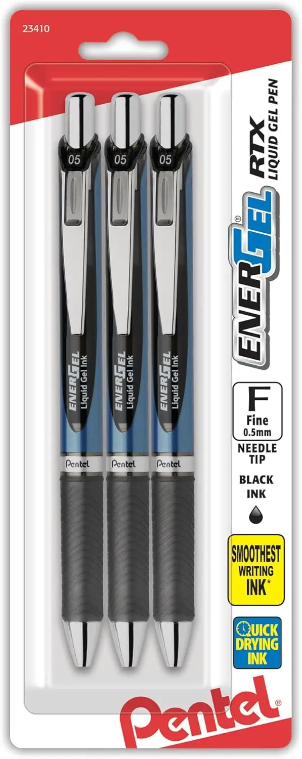 

Retractable Gel Pen, 0.5mm Fine Needle Tip, Black Ink, Pack of 3 - Smooth Writing