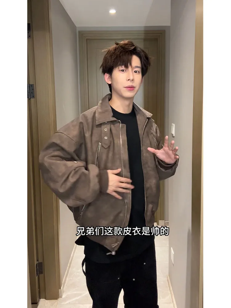 Men's 2025 Spring Autumn New Retro Faux Leather Jackets Male Solid Color Long Sleeve Coats Fashion Multi Zipper Design Jackets