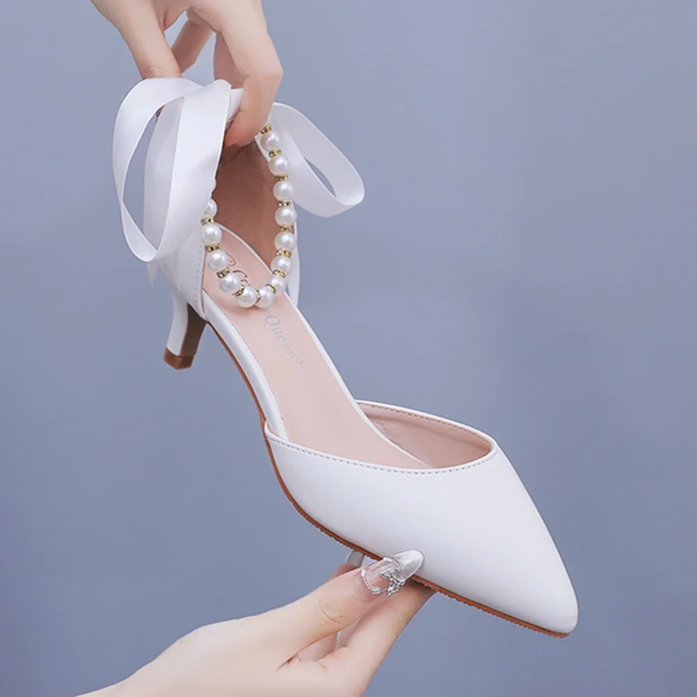 Crystal Queen Women Stiletto White Pearl Ribbon Dress Shoes Party 5CM High Heels Elegant White Pumps