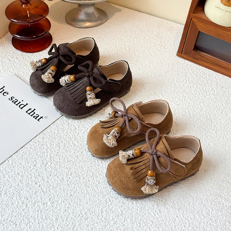 

Girls Leather Shoes 1-16 Years Old Khaki Tassel Retro Girls Single Shoes Spring Autumn Soft Non-slip Children's Birken Shoes
