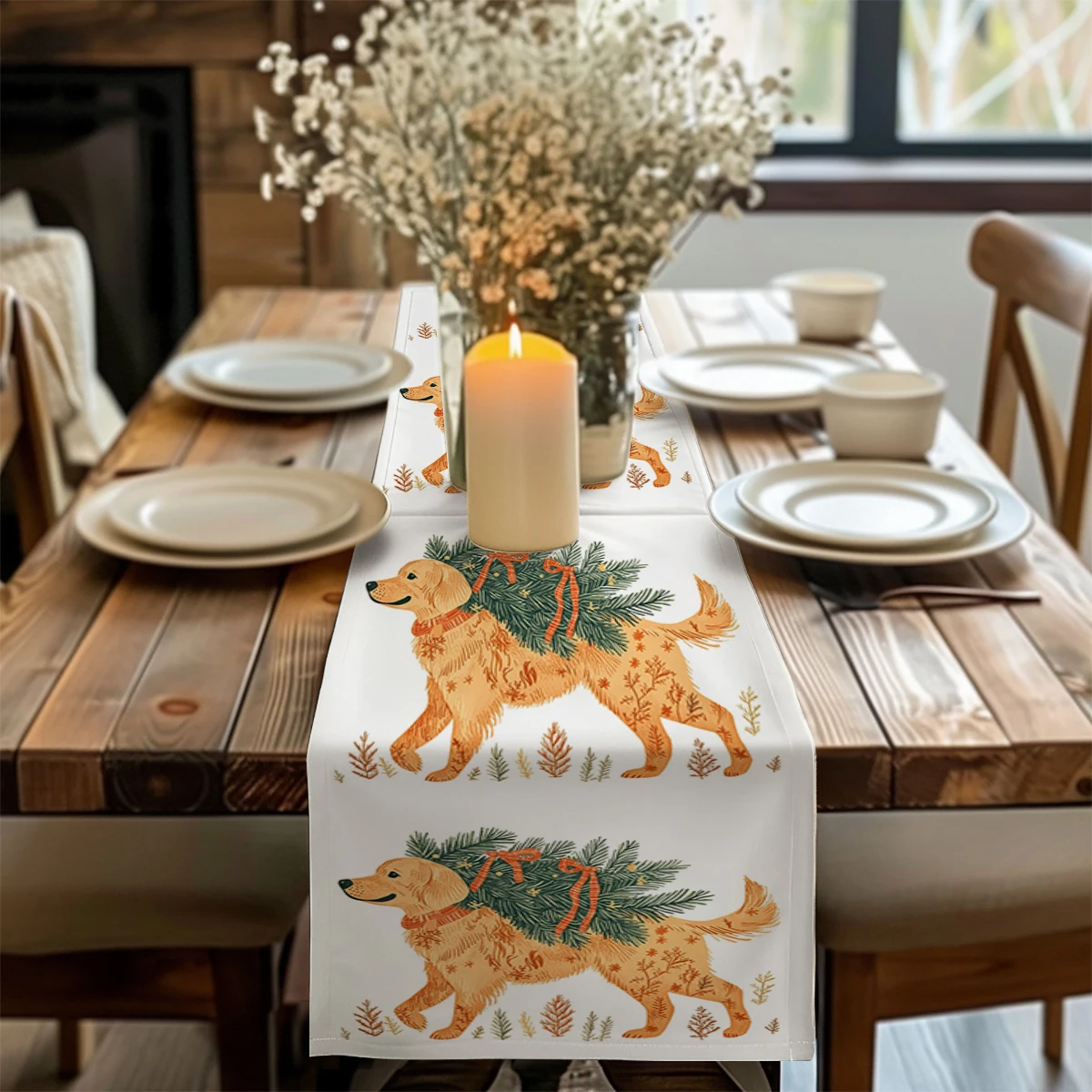 Labrador Christmas Tree Scarf Table Runner Home Wedding Centerpieces Decoration Party Table Runners Dining Long Cloth