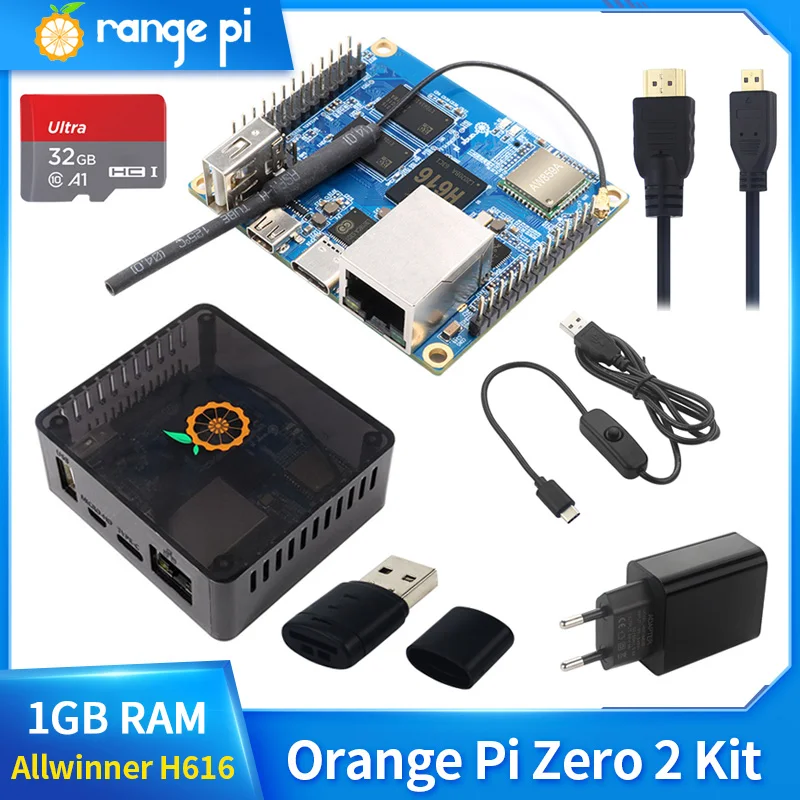 Orange Pi-Puce Allwinner H616 ontari2 avec boîtier ABS, alimentation de type C, fonctionne sous Android 10, UbunaryDebian OS, carte unique, 1 Go, 5V, 3A