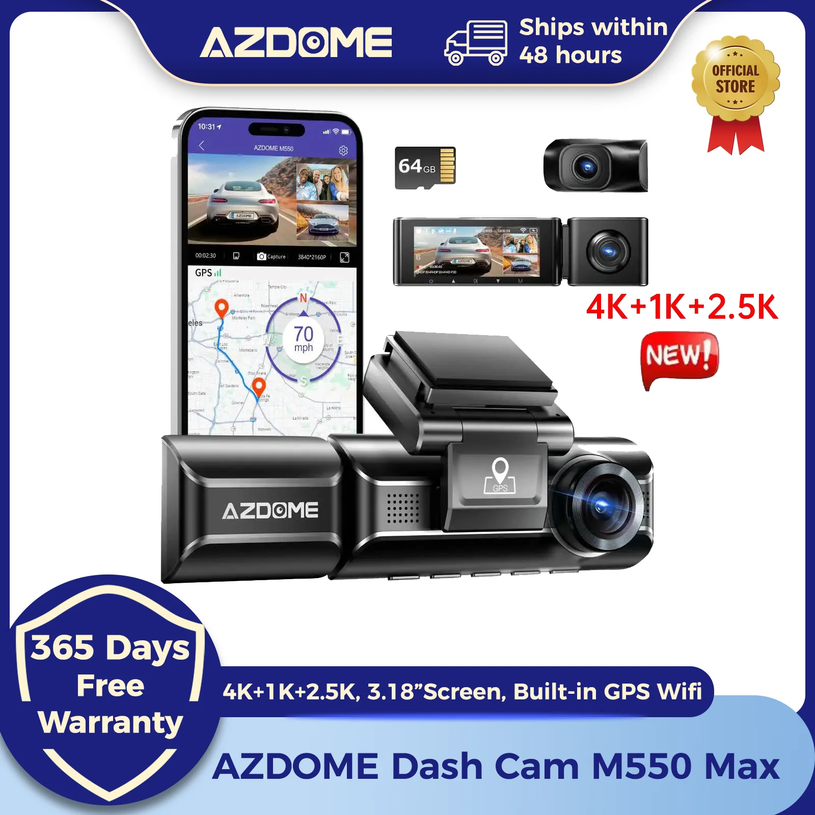 AZDOME 4K Dash Cam M550 Max Built-in GPS Wifi Camera Car DVR 3.18”Screen Night Vision 24H Parking Monitor Support Rear Cam