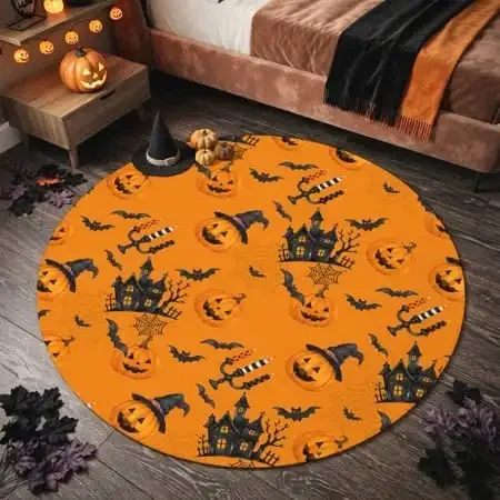 Round Area Rug Halloween Black Cat Orange Pumpkin Repeat Pattern 2D Flat Print for Living Room Decor