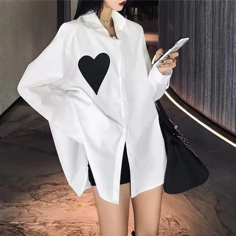 

Gidyq Spring Fashion Women Shirts Casual Korean Designed Love Patchwork Tops Streetwear Female Elegant Loose Long Sleeve Shirt